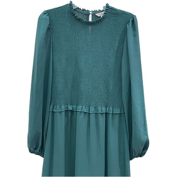 Nanette Women's Green Mock Neck Balloon-Sleeve Smocked Tiered Dress Size 10 NWT - Picture 2 of 11
